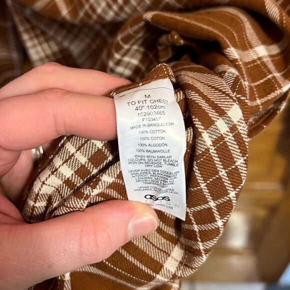 ASOS Design Brown White Plaid Cotton Long Sleeve Button Down Shirt Men’s Medium - Picture 5 of 7